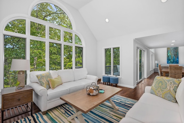 23 Walkerwoods Dr, Harwich, MA 02645 - living room featuring high vaulted ceiling, wood finished floors, and recessed lighting