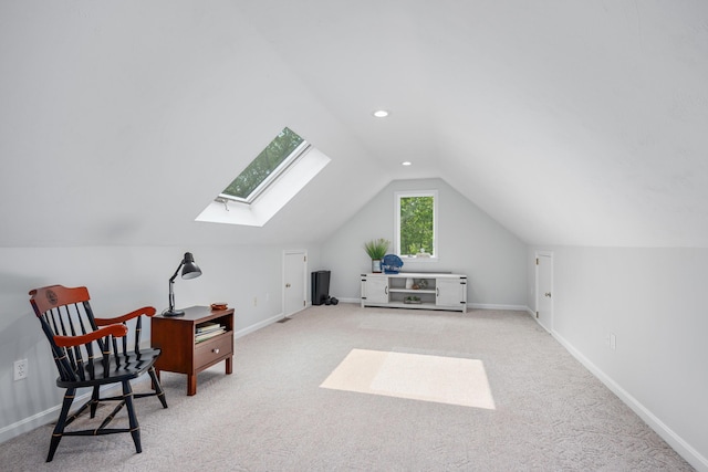 23 Walkerwoods Dr, Harwich, MA 02645 - sitting room featuring a skylight, vaulted ceiling, carpet flooring, and recessed lighting