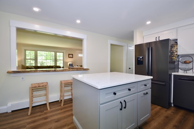 4 Spinnaker Ln, Pocasset, MA 02559 - kitchen featuring stainless steel fridge, dark wood-style floors, recessed lighting, gray cabinetry, and a kitchen island