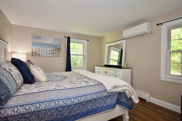 4 Spinnaker Ln, Pocasset, MA 02559 - bedroom with a wall mounted AC, dark wood-style floors, baseboards, and multiple windows