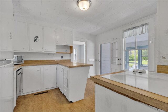 34 Oak St, Harwich, MA 02645 - kitchen featuring appliances with stainless steel finishes, white cabinetry, a peninsula, light wood-style flooring, and light countertops