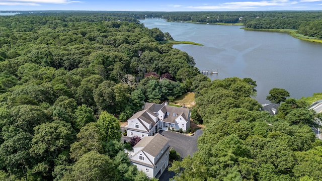 aerial view featuring a water view and a view of trees