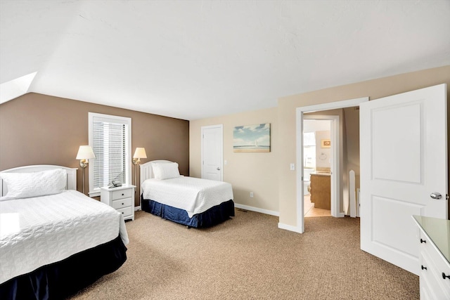bedroom featuring baseboards, light colored carpet, multiple windows, and lofted ceiling