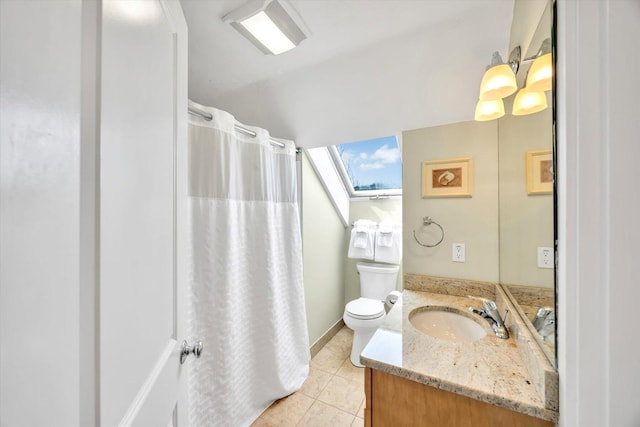 full bath featuring vanity, curtained shower, toilet, tile patterned floors, and a skylight