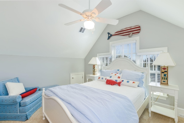 bedroom featuring a ceiling fan, baseboards, lofted ceiling, carpet flooring, and visible vents