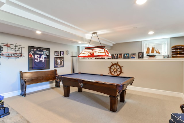 game room with carpet, baseboards, recessed lighting, and pool table