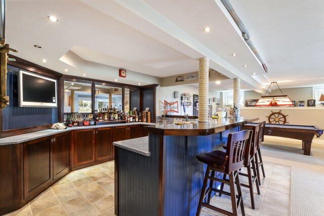 bar with recessed lighting, ornate columns, wet bar, light tile patterned floors, and pool table