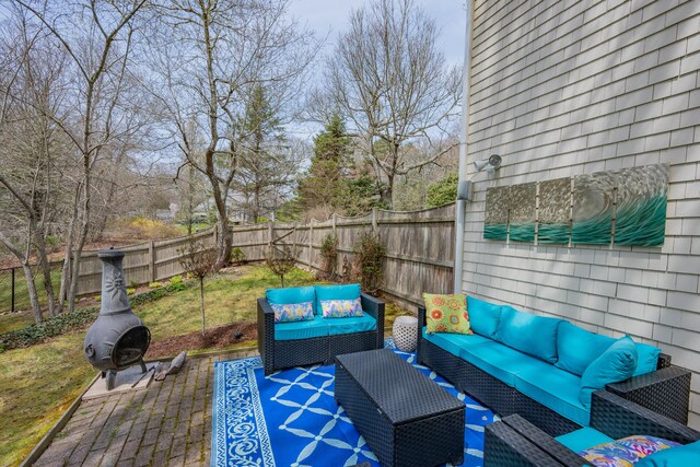 29 Water View Cir, Centerville, MA 02632 - fenced backyard featuring an outdoor living space and a patio area