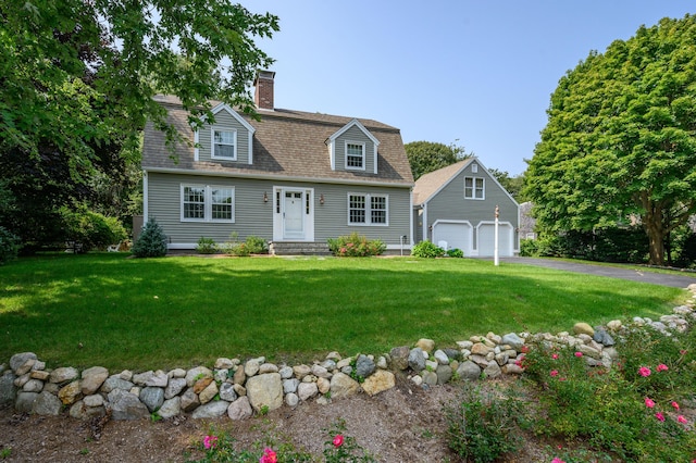 17 Cedar Point Cir, Centerville, MA 02632 - view of front of property featuring a garage, a chimney, a front lawn, entry steps, and asphalt driveway