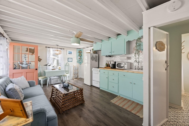 living area featuring baseboards, dark wood-style floors, and beamed ceiling
