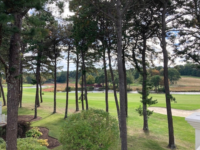 view of community featuring a water view and a lawn