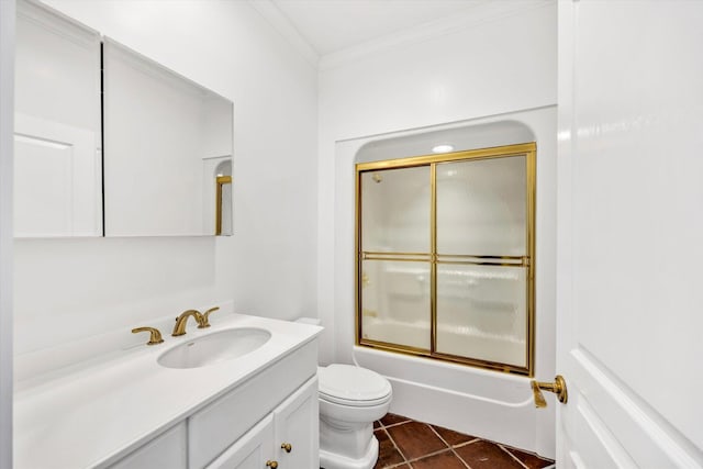 full bathroom with toilet, crown molding, vanity, enclosed tub / shower combo, and tile patterned flooring