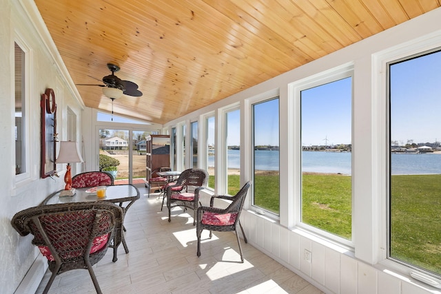 sunroom with ceiling fan, a water view, and a baseboard heating unit