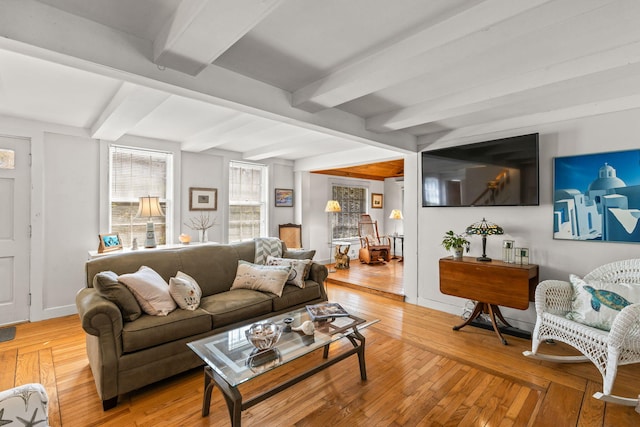 248 N Falmouth Hwy, North Falmouth, MA 02556 - living room featuring light wood-style floors, beam ceiling, and baseboards