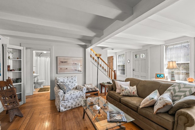 248 N Falmouth Hwy, North Falmouth, MA 02556 - living room featuring wood-type flooring, beam ceiling, and stairs