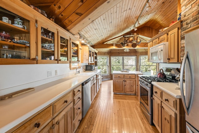 248 N Falmouth Hwy, North Falmouth, MA 02556 - kitchen with a sink, light wood-style floors, light countertops, wooden ceiling, and appliances with stainless steel finishes