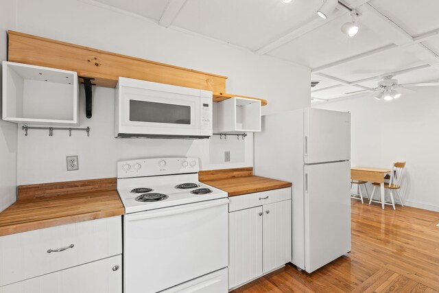 248 N Falmouth Hwy, North Falmouth, MA 02556 - kitchen featuring white cabinets, wooden counters, open shelves, white appliances, and ceiling fan