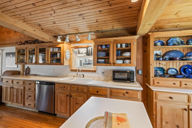 248 N Falmouth Hwy, North Falmouth, MA 02556 - kitchen featuring dishwasher, wooden ceiling, a sink, and light wood-style floors