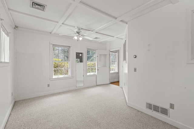248 N Falmouth Hwy, North Falmouth, MA 02556 - carpeted spare room featuring coffered ceiling, a ceiling fan, visible vents, and baseboards