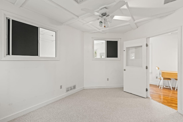 248 N Falmouth Hwy, North Falmouth, MA 02556 - empty room with coffered ceiling, visible vents, a ceiling fan, beam ceiling, and baseboards