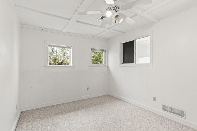 248 N Falmouth Hwy, North Falmouth, MA 02556 - carpeted spare room with baseboards, a ceiling fan, visible vents, and coffered ceiling