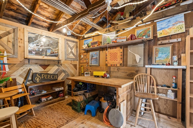 248 N Falmouth Hwy, North Falmouth, MA 02556 - interior space with hardwood / wood-style flooring, wooden ceiling, wood walls, and vaulted ceiling with beams