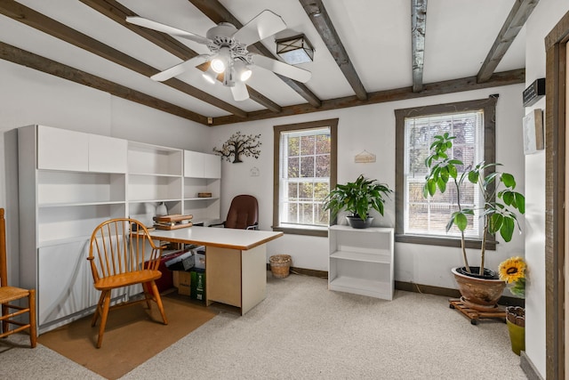 248 N Falmouth Hwy, North Falmouth, MA 02556 - home office featuring light colored carpet, ceiling fan, baseboards, and beamed ceiling