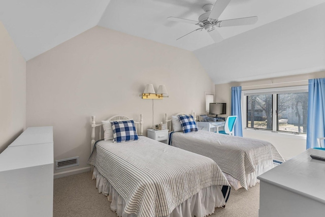 bedroom featuring lofted ceiling, visible vents, light carpet, ceiling fan, and baseboards