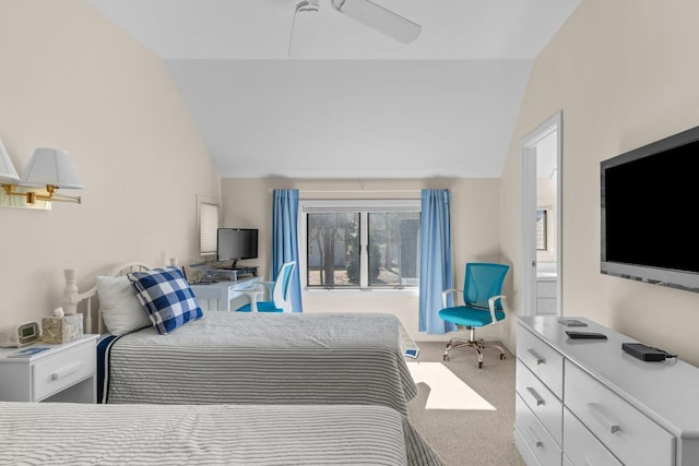 carpeted bedroom featuring lofted ceiling and ceiling fan