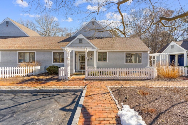 view of front of house featuring a fenced front yard and roof with shingles