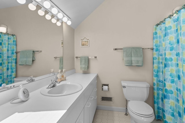 full bathroom with lofted ceiling, visible vents, toilet, and vanity