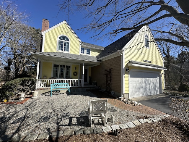 view of front of home with driveway, a porch, a chimney, and a shingled roof