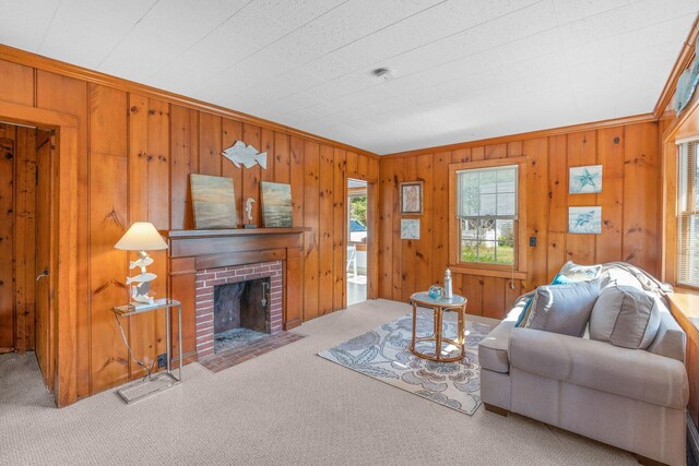 11 Joe Lincoln Rd, West Harwich, MA 02671 - living room with wood walls, a brick fireplace, crown molding, and carpet