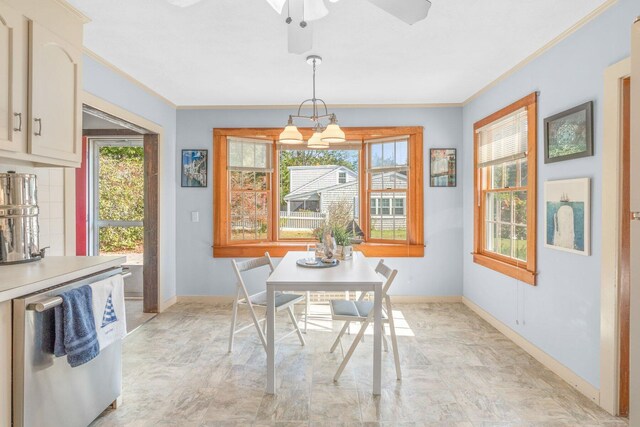 11 Joe Lincoln Rd, West Harwich, MA 02671 - dining area with baseboards, ceiling fan, and ornamental molding