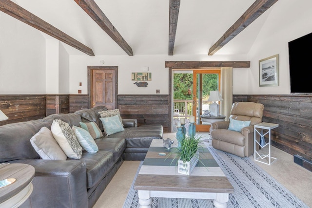 11 Joe Lincoln Rd, West Harwich, MA 02671 - living room featuring beamed ceiling, wainscoting, and wooden walls