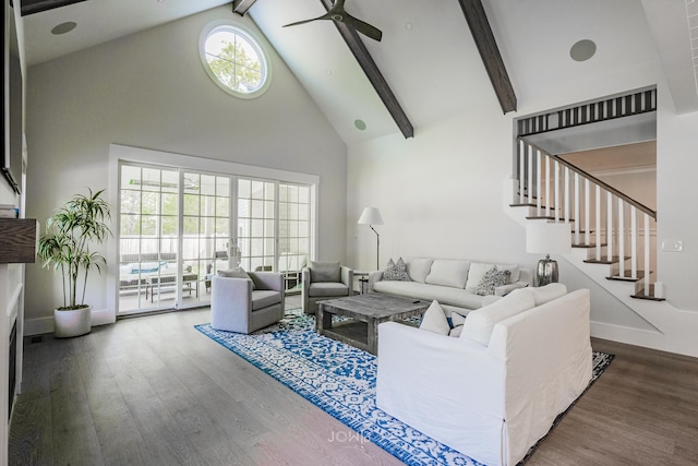 living room with beamed ceiling, high vaulted ceiling, ceiling fan, and dark hardwood / wood-style flooring