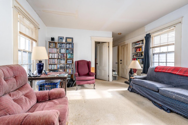 living room featuring light carpet