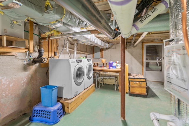 unfinished basement with electric panel and separate washer and dryer