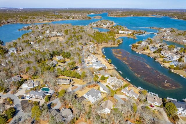 aerial view featuring a water view and a residential view