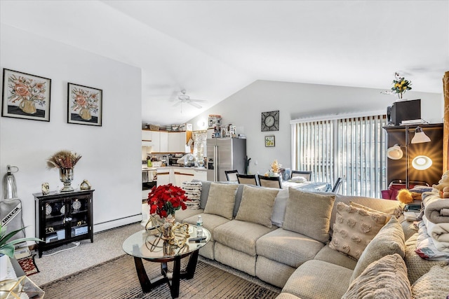 carpeted living room with vaulted ceiling and ceiling fan