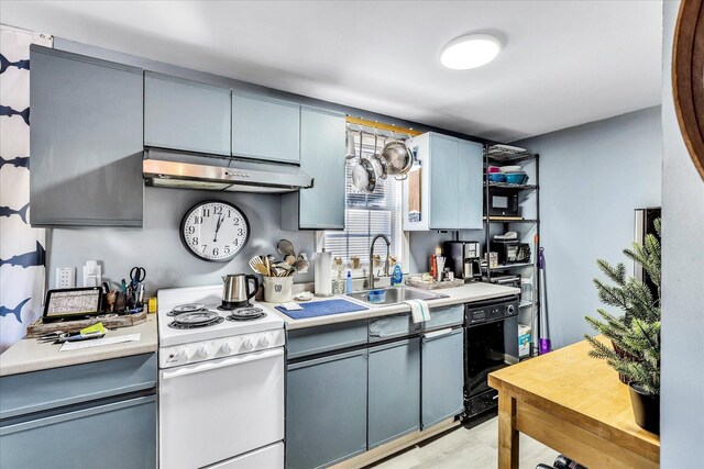 kitchen featuring white electric range oven, black dishwasher, and sink