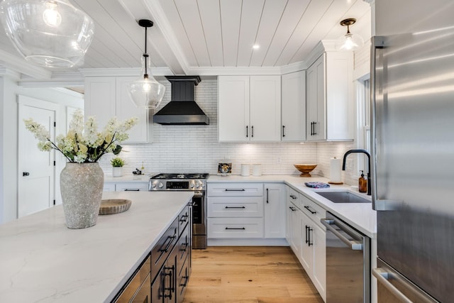 kitchen with white cabinetry, wall chimney exhaust hood, appliances with stainless steel finishes, and a sink