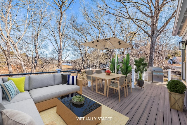 wooden deck with outdoor dining area, grilling area, and an outdoor living space