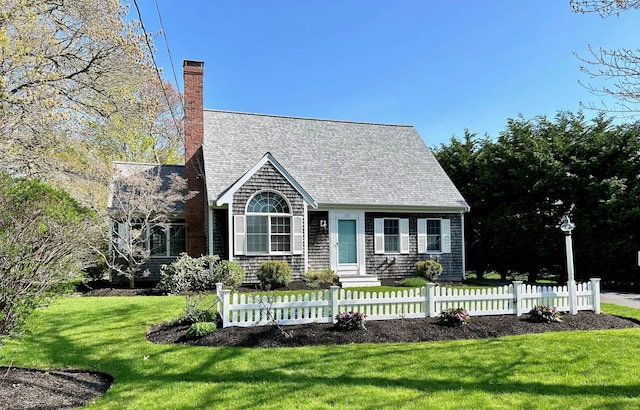 view of front of property featuring roof with shingles, a fenced front yard, a front yard, and a chimney