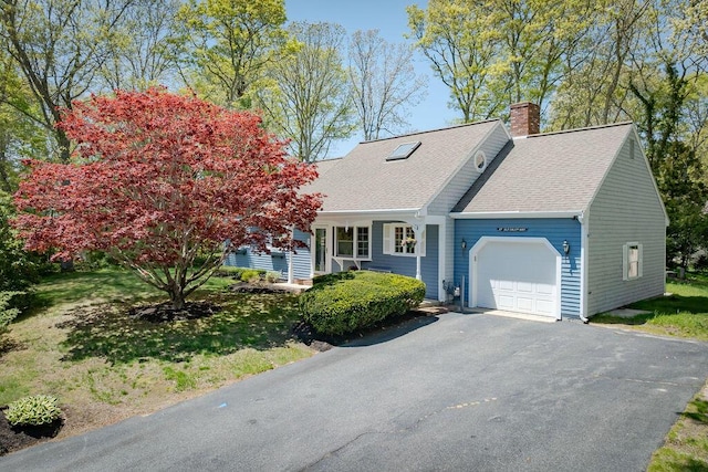 37 Old Salem Way, Osterville, MA 02655 - cape cod house with an attached garage, a chimney, driveway, a shingled roof, and a front yard