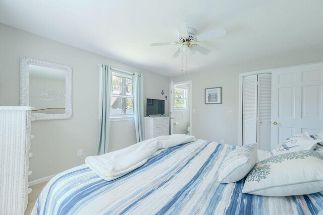 37 Old Salem Way, Osterville, MA 02655 - bedroom featuring a closet, baseboards, ceiling fan, and carpet