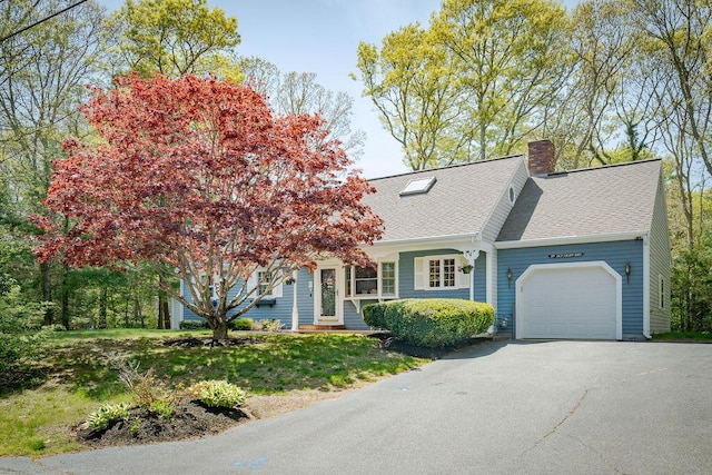 37 Old Salem Way, Osterville, MA 02655 - view of front of house with a garage, a chimney, asphalt driveway, a front lawn, and a shingled roof