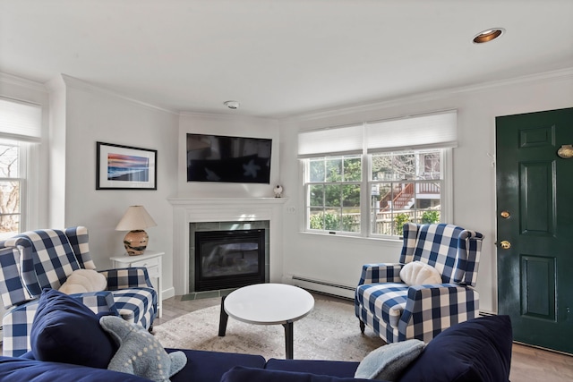 living area with a baseboard heating unit, a wealth of natural light, a fireplace, and ornamental molding