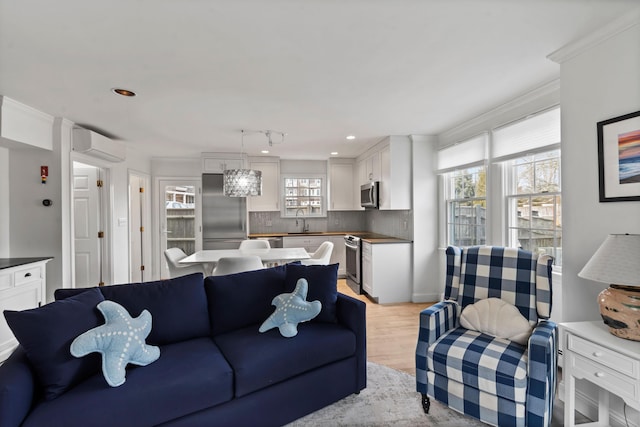 living area with a wall unit AC and light wood-style flooring