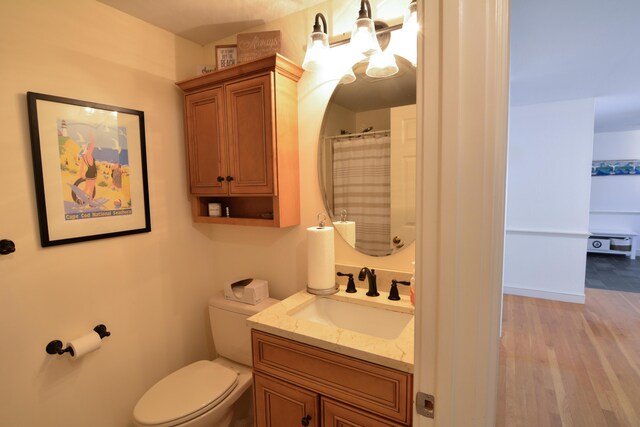 bathroom with vanity, wood finished floors, and toilet